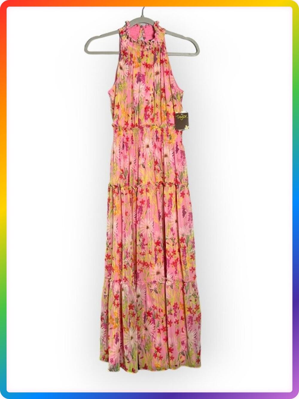 Taylor Chiffon Floral Smocked Mock Neck Tiered Maxi Dress SIZE 2 Lined NWT